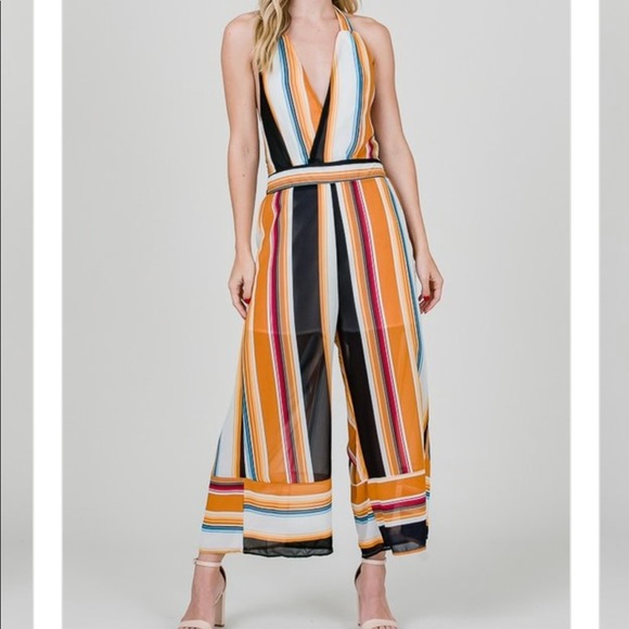 STRIPE PRINT HALTER OPEN BACK PALAZZO JUMPSUIT - Picture 2 of 8